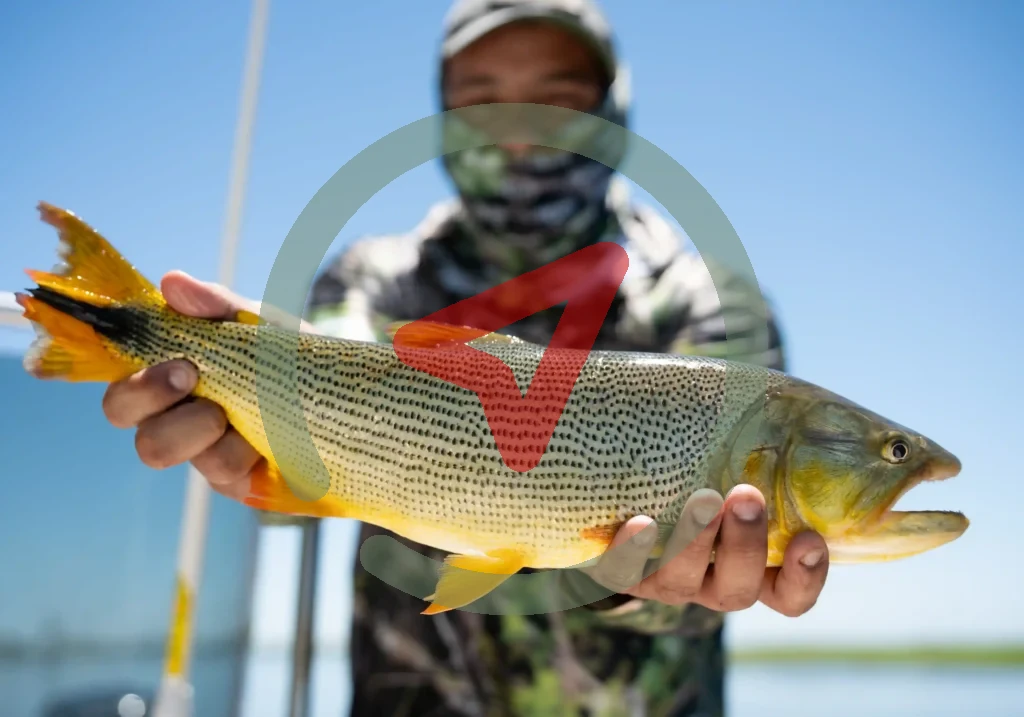 Un pescador sostiene un dorado frente a la cámara, con el río al fondo.