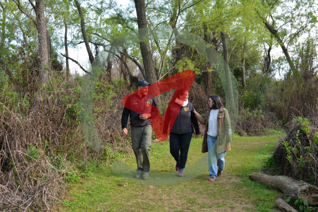 Tres personas conversan mientras recorren un sendero arbolado del Parque Nacional Pre-Delta.